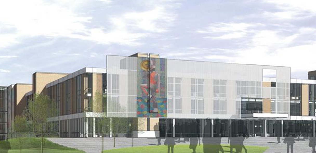 Rendering of brick building with shadows of people walking in front.